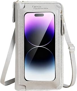 Women's Touch Screen Cross Body Phone Wallet Small Travel Cellphone Purse Trendy Vegan PU Bag with Card Slots Grey Simple