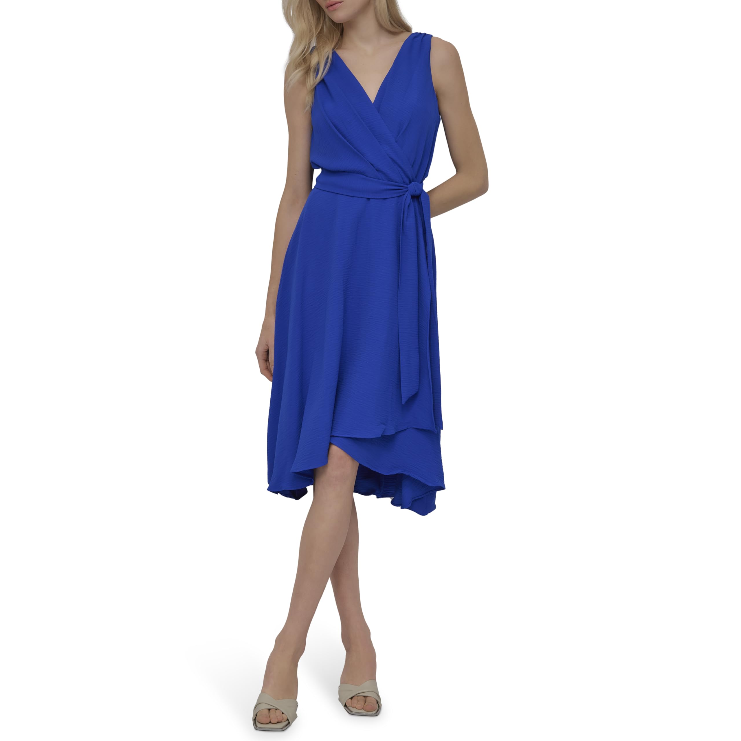DKNY Womens Sleeveless Surplice Tie Fit & Flare Midi DressDress