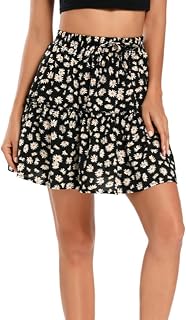 HOEREV Women's Girls' Floral Flared Short Skirt Cute High Waist Ruched Skirt Beach Mini Skirt