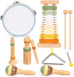 Wooden Musical Instruments for Kids 3-5, 12-Piece Montessori Percussion Set | Musical toys for kids with xylophone, maracas, tambourine, triangle, guiro and whistle for preschool rhythm and sound play