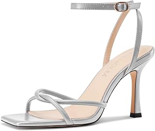 HDEUOLM Women's Stiletto High Heel Square Pointed Toe Sandals Ankle Strap Dance Party Dress 10 CM Heels