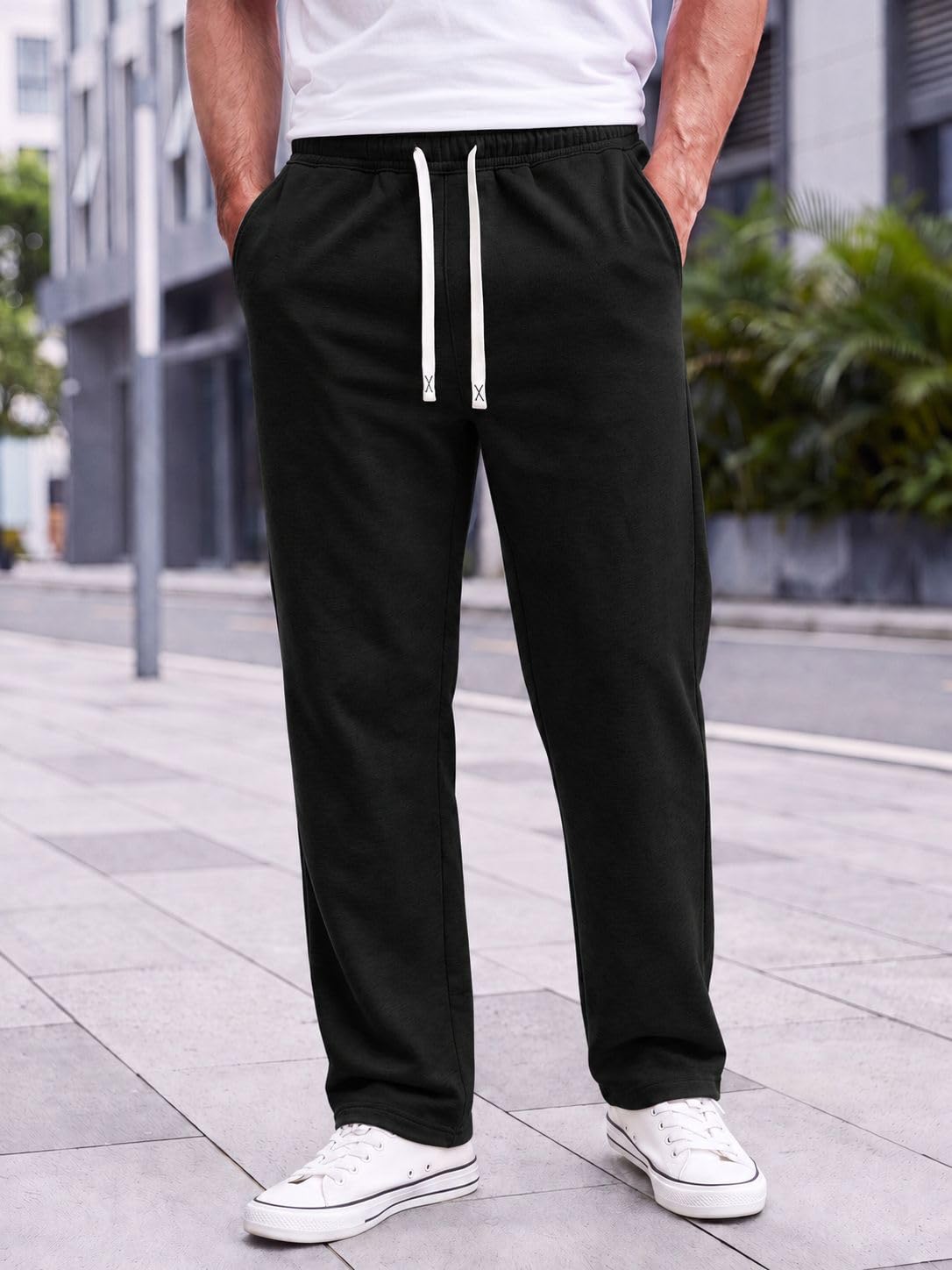 Mens Casual Trousers Elastic Waist Loose Fit Drawstring with Pockets