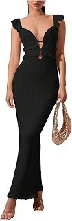 SOLY HUX Women's Crochet Ruffle Sleeveless Backless Bodycon Maxi Dress