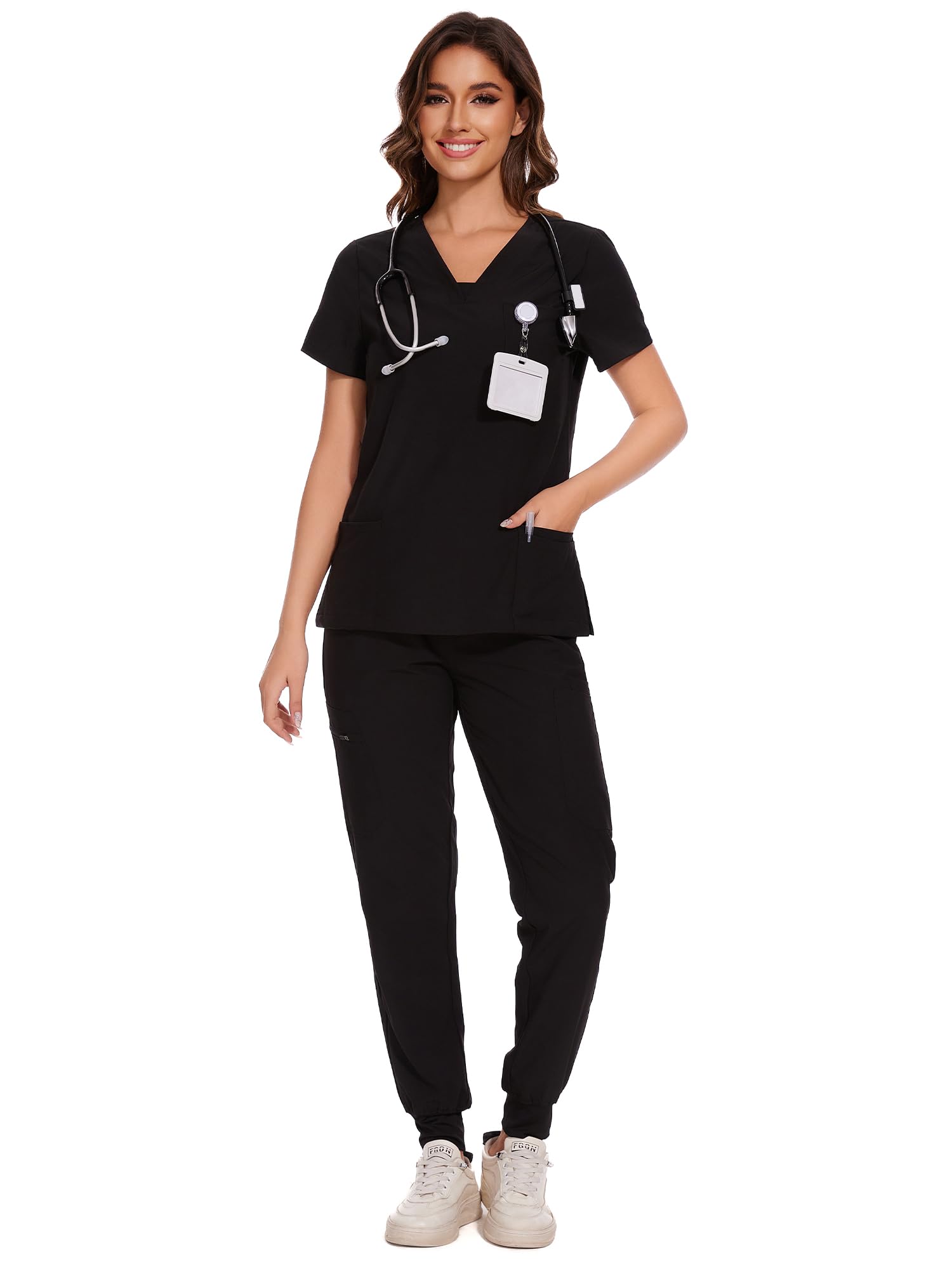 COZYFIT Scrubs for Women - V-Neck Top & Cargo Pants Scrubs Set 10 Pockets | Wate