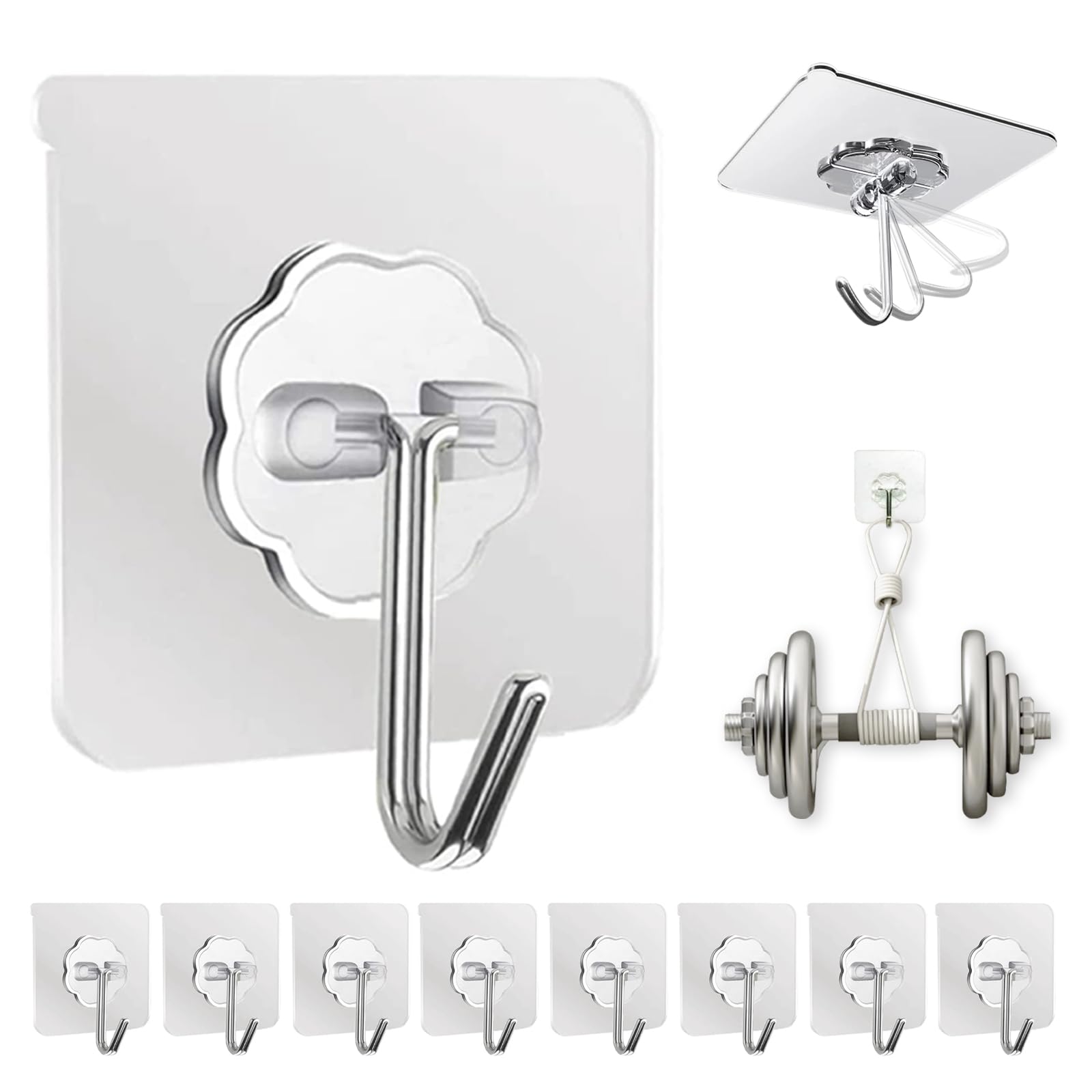 DDMY Adhesive Wall Hooks Clear 50lb(Max) Heavy Duty Hanging Sticky-10 Pack | Hea