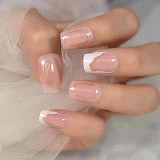 Glossy Clear Nude French Press On Nail Medium Length Scoball Acrylic Fake Nail Reusable Fake Nail Art Tips Manicure Kit