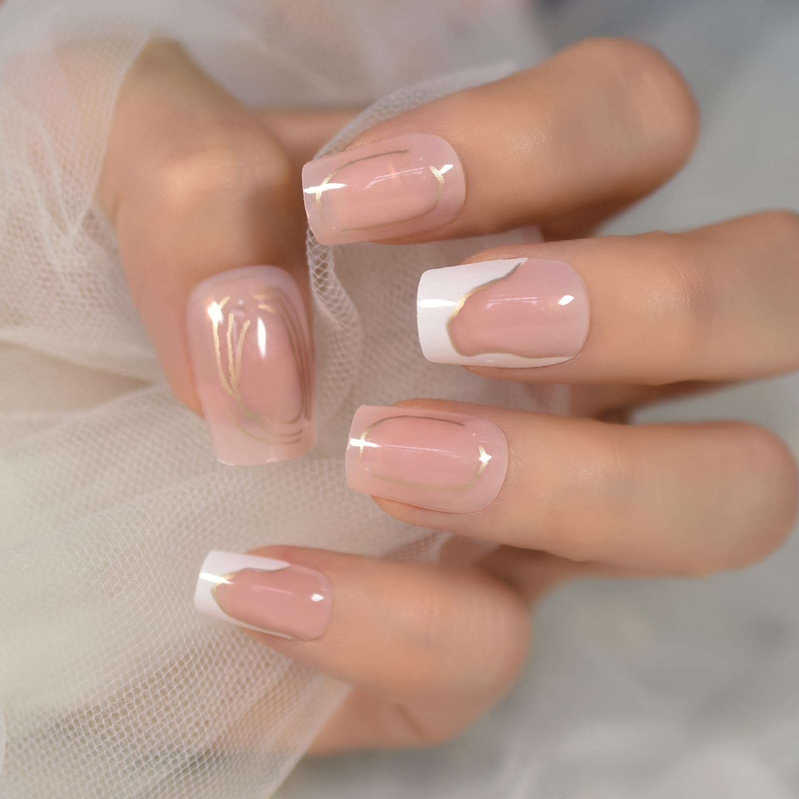 Glossy Clear Nude French Press On Nail Medium Length Scoball Acrylic Fake Nail R