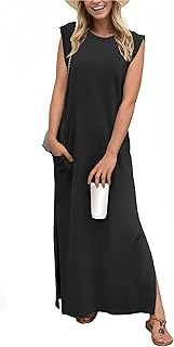 GRECERELLE Women's Summer Long Dress Round Neck Casual Loose Wrinkle Free Long Dresses with Pockets for Vacation (XS-3XL)