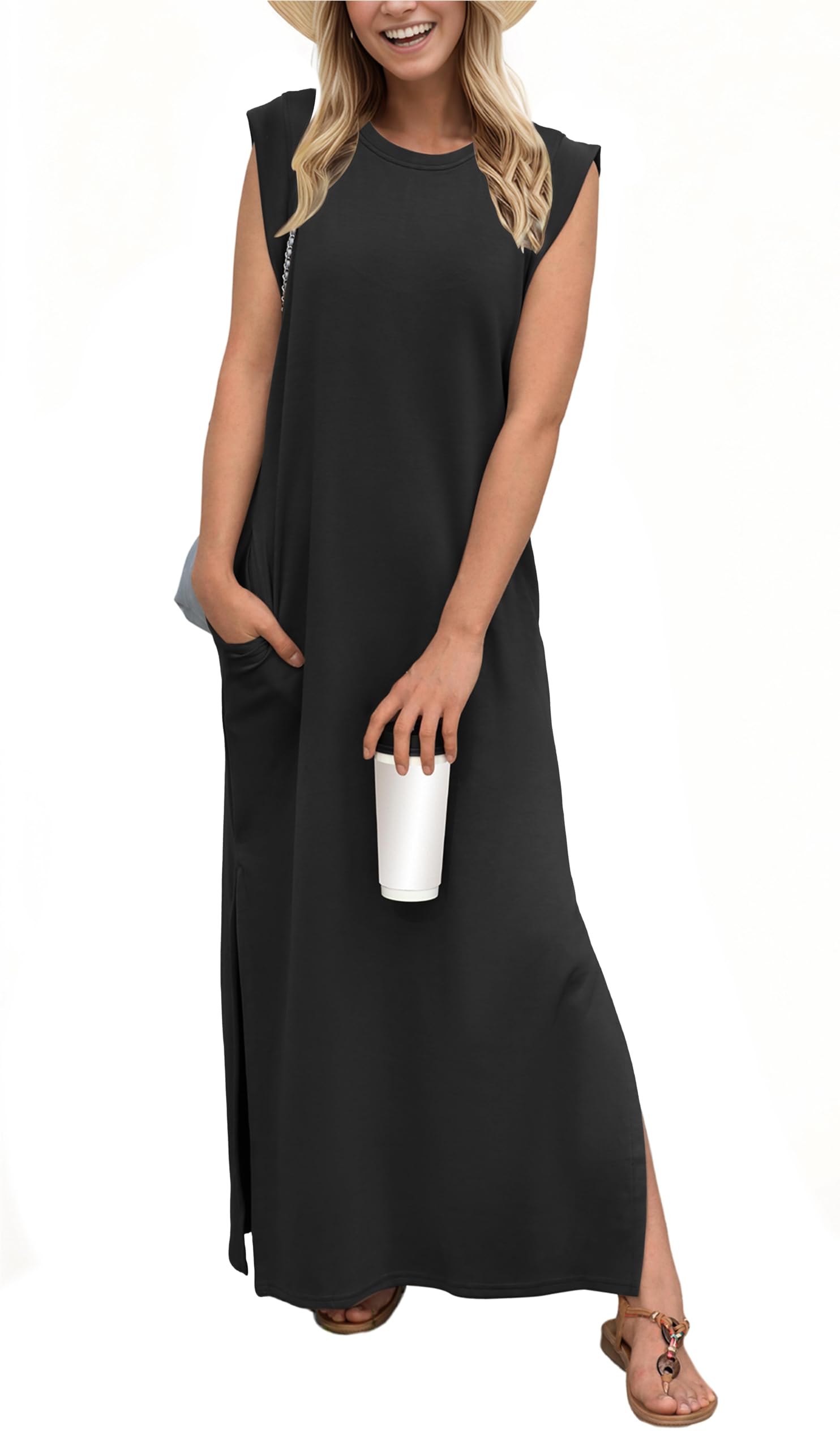 GRECERELLE Women's Summer Long Dress Round Neck Casual Loose Wrinkle Free Long D