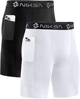 Niksa 3 Piece Compression Shorts for Men Basic Running Shorts with Mobile Phone Pocket Sports Shorts Quick Drying and Breathable