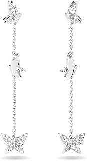 Swarovski Lilia Drop Pierced Earrings, with White Crystal Pavé and Butterfly Motif, on Rhodium-Plated Setting, Part of the Lilia Collection