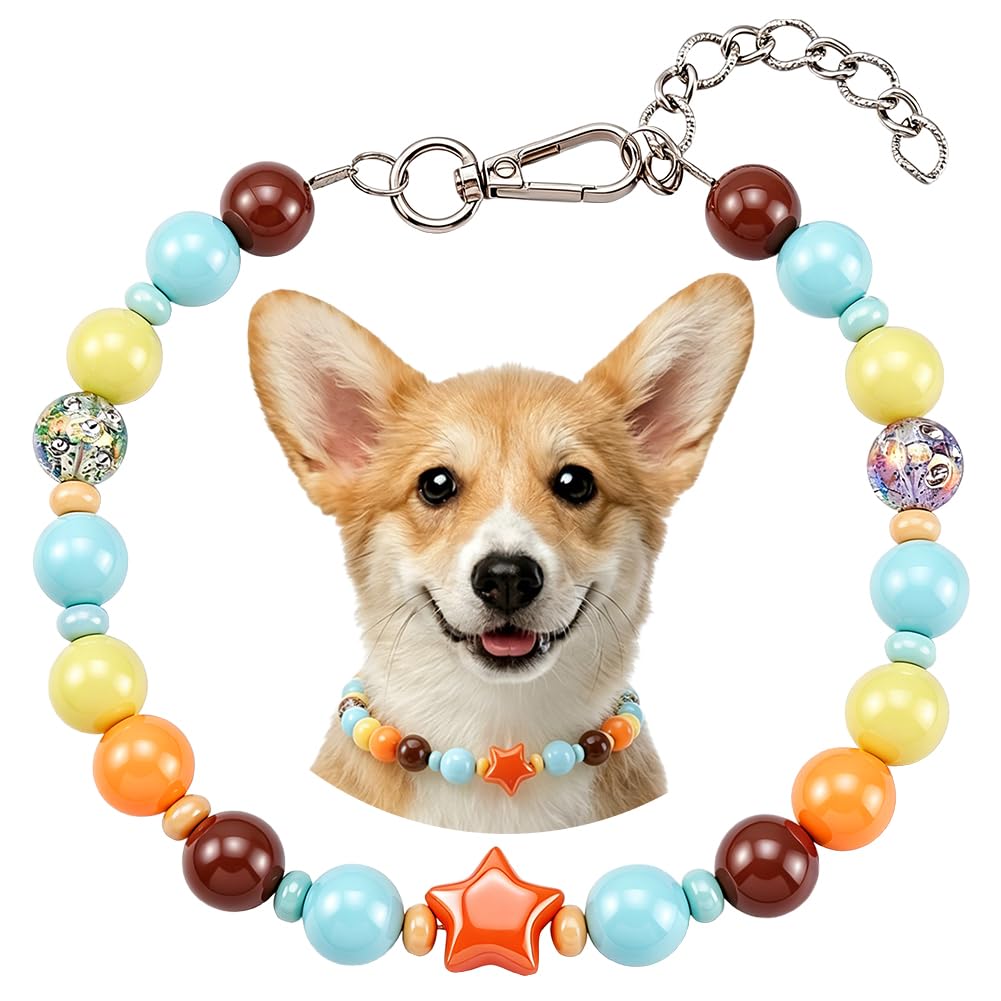 EVERJOYCRAFT Beaded Dog Collar 16.5 in Colorful Star Dog Necklace Collar with Ac