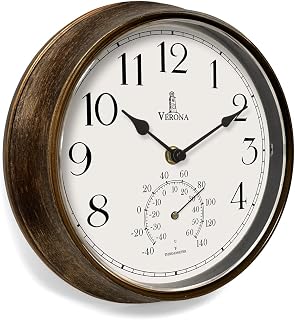 Small Outdoor Patio Clock - Waterproof with Thermometer, 9.5 Inch, Bronze | Weatherproof wall clock, temperature display, easy to read for pool, garden, home decor