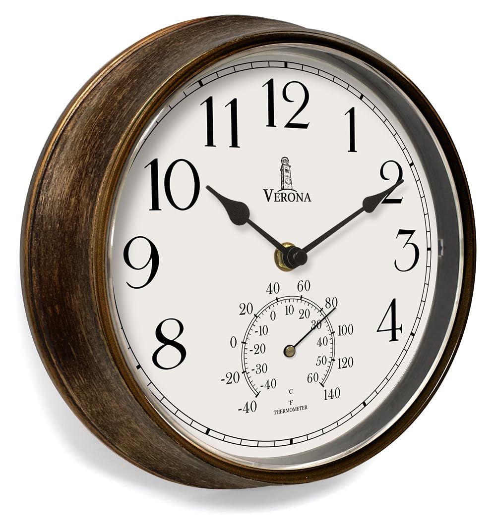 Small Outdoor Patio Clock - Waterproof with Thermometer, 9.5 Inch, Bronze | Weat