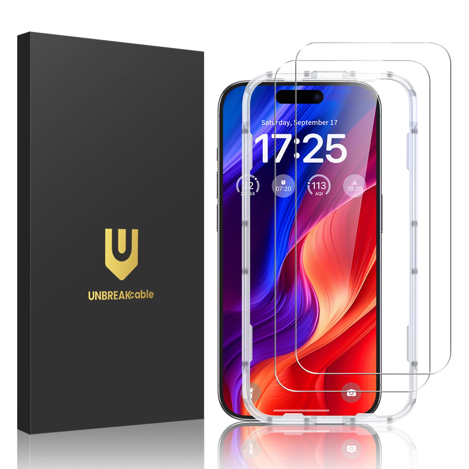 UNBREAKcable 2-Pack Screen Protector for iPhone 16 Tempered Glass | Military Gra