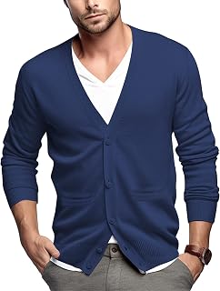 QUALFORT Men's Cardigan with Pockets Button Down Casual Slim Fit V-Neck 100% Cotton