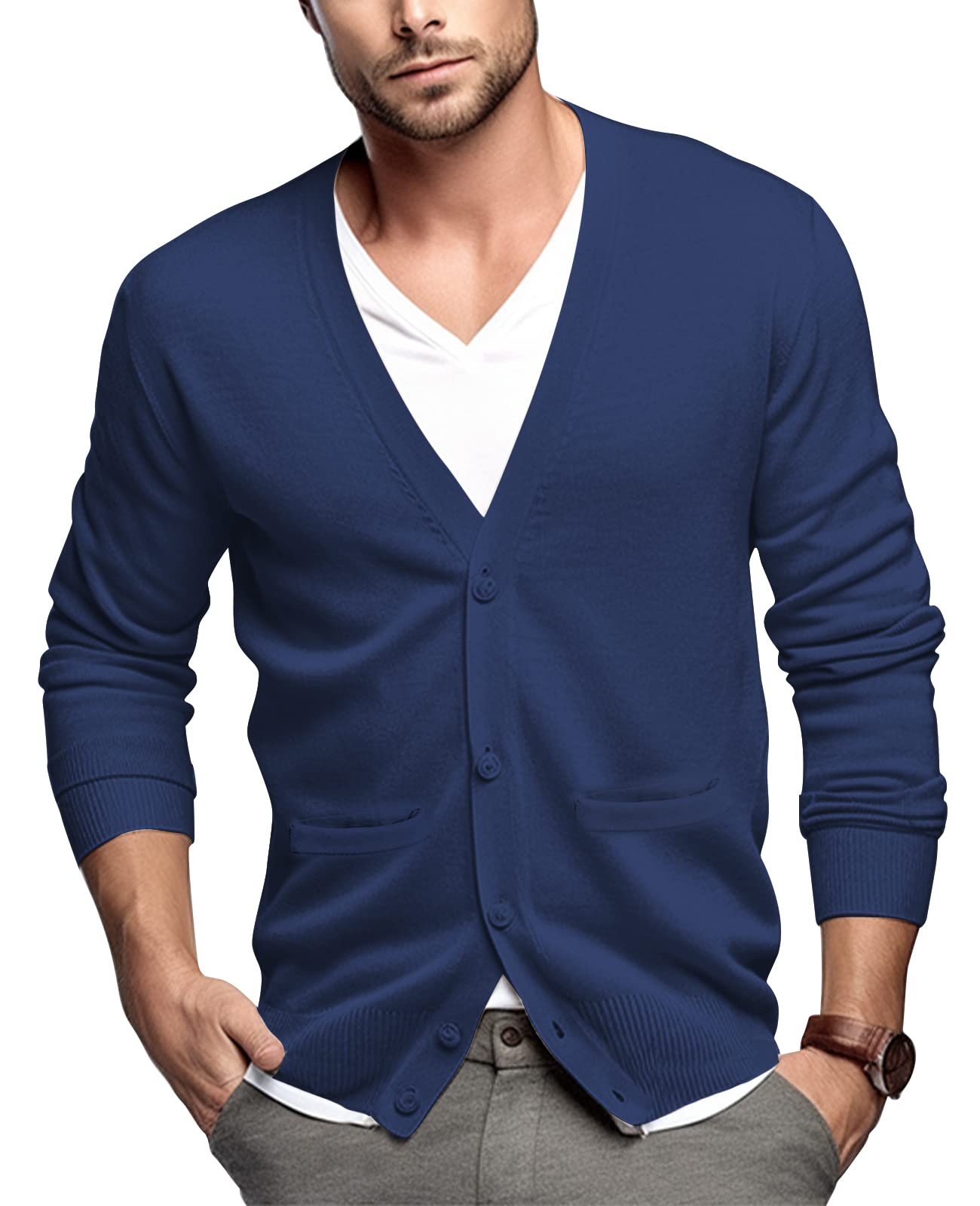 QUALFORT Men's Cardigan with Pockets Button Down Casual Slim Fit V-Neck 100% Cot