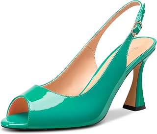 Saekcted Women Mid Heel Open Toe Pumps Sandals Strappy Ankle Slingback Slip-on Buckle Dance Cute Dress Summer 8.5CM Heels