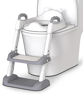 HBTower Potty Training Seat with Step Stool Ladder &amp; Safety Handles,Grey | Foldable Toddler Toilet Seat with Splash Guard for Boys and Girls, Comfortable Kids Potty Cushion &amp; Anti-Slip Pads