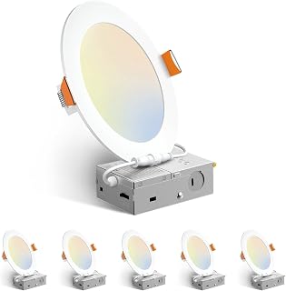 Amico 6 Pack 6 Inch LED Recessed Light with Junction Box, 5CCT, 1050LM, 12W | 2700K-5000K, 5%-100% Dimmable, 120V, White, Metal Housing, Ultra-Thin Canless Wafer Downlight, ETL, FCC, IC & Damp Rated