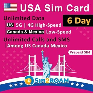 USA Prepaid SIM Card (Use T-Mobile network)|Unlimited 5G/4G Internet Data in USA (Hawaii included)+Unlimited low-speed Data in Canada and Mexico|Limitless Calls and Texts among US, CA and MX (6 Days)