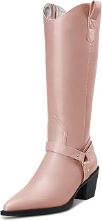Aachcol Women Western Cowboy Boots Mid Calf Pull-Up Pointed Toe Block Chunky Mid Heel Dress Shoes Suede Zipper Shopping 6.5CM
