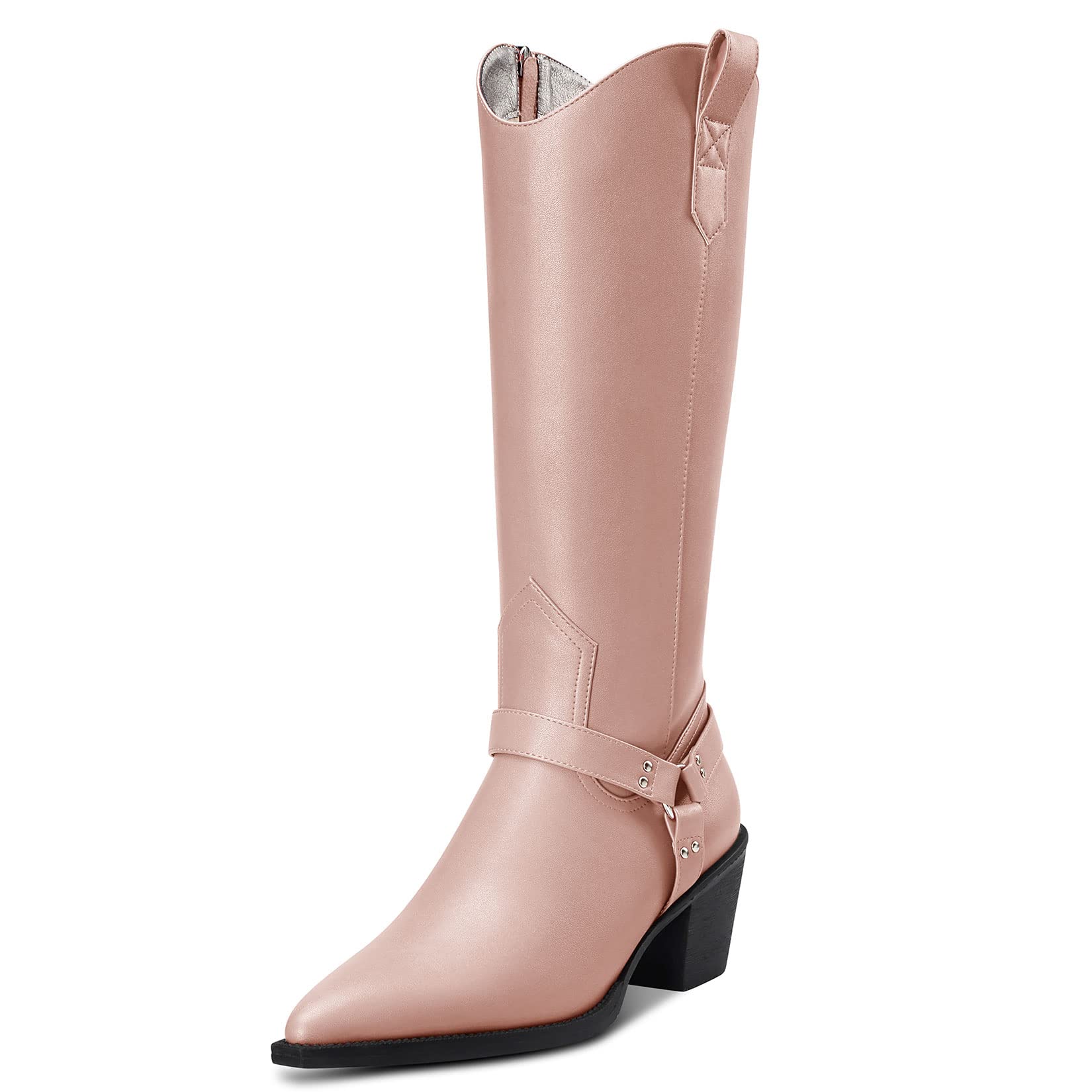 Aachcol Women Western Cowboy Boots Mid Calf Pull-Up Pointed Toe Block Chunky Mid