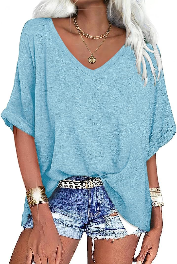 UNCLECAT Women's V Neck Oversized T-Shirts Summer Short Sleeve Shirts Loose Casu