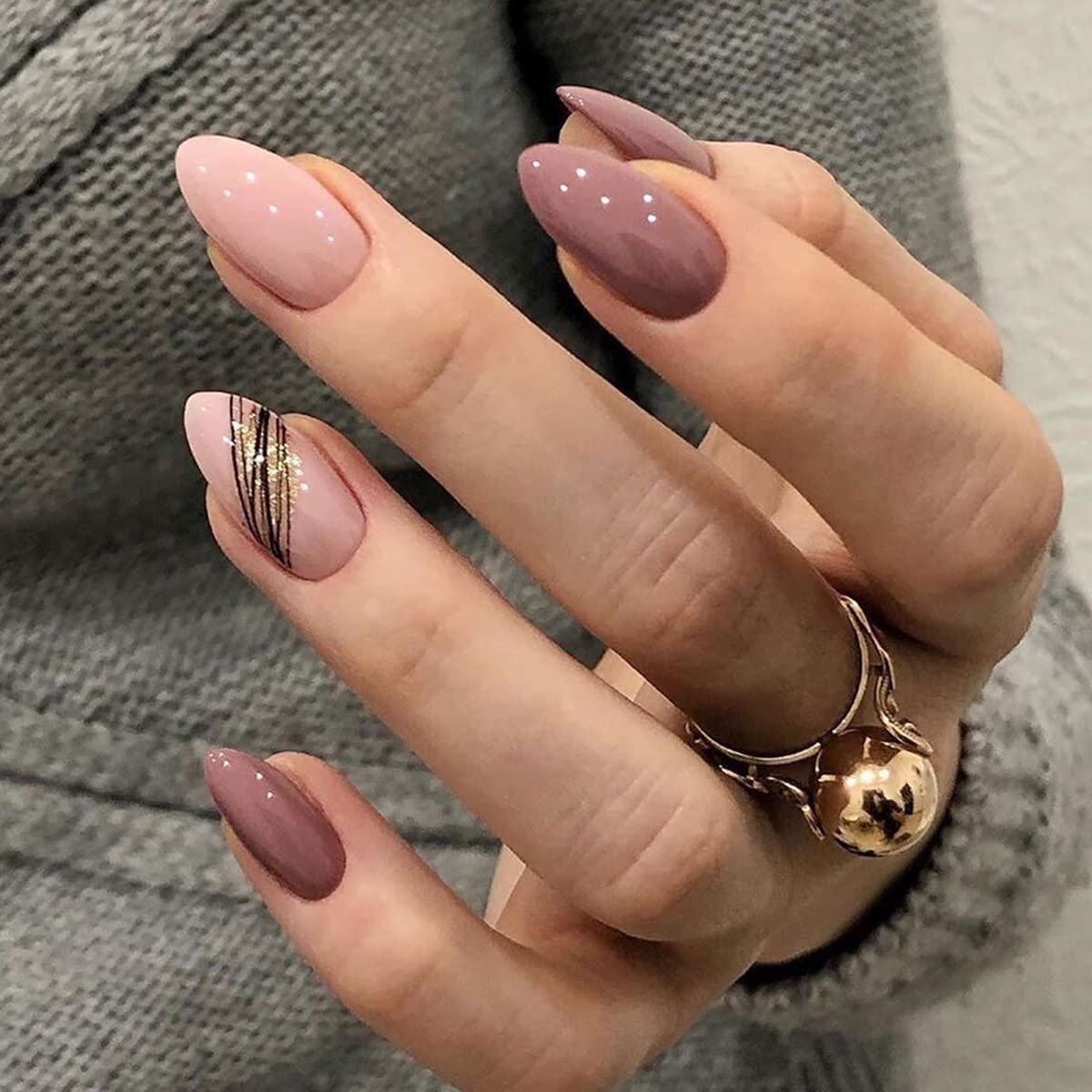 Medium Press On Fake Nails - Mixed Color French Tips, Oval Acrylic, Glossy Full 