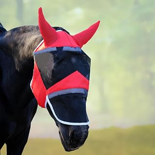DayoVortex Fly Masks for Horses with Ears and Nose Cover Horse Fly mask with Ears for UV Protection & Sun Shield – Soft Lightweight- Breathable Horse mask(Red, (Extra-Full) Extra-Large)