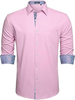 HISDERN Camisa Manga Larg para Hombre de Negocios de Corte Regular con Botones Camisas de Vestir con Bolsillo