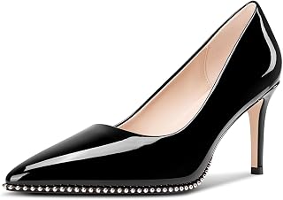 Castamere Women Beaded Pumps Pointed Toe Slip on Stiletto Mid Heels Basic Classic Dress Party Patent Leather 3.2 Inches Heels