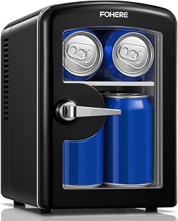 FOHERE Mini Fridge 4L, Portable 220V AC/12V DC Cooler & Warmer, Black | Supports 6 cans, See-Through Door, Quiet and Portable, Ideal for Cosmetics and Drinks, Works in home, Office, Car
