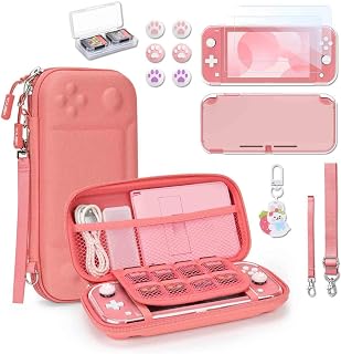 Younik Switch Lite Case, Portable Switch Lite Carrying Case, 14 in 1 Accessories Bundle with Carrying Case, Protective Cover, Game Card Case, Screen Protectors, Thumb Grips, Pendant and Straps (Coral)