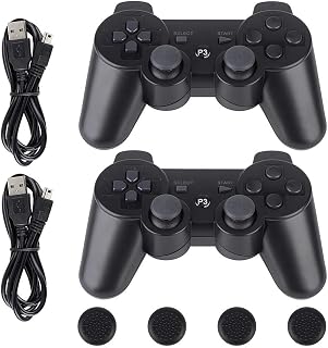 Aniann PS3 Wireless Bluetooth Controller 2-Pack Dual Shock Compatible Black | Wireless PS3 controller with USB charging cable and joystick caps. Six-axis motion. Also works with Retropie.