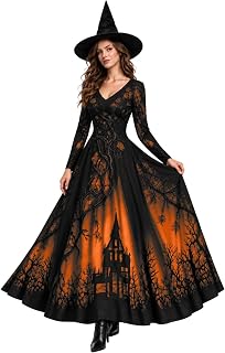 Medieval Costume Women Witch Dress Halloween Lace Vintage Round Neck Long Sleeve Victorian Dresses Scary Print Floor Length Renaissance Gothic Maxi Dress for Party Events Cosplay