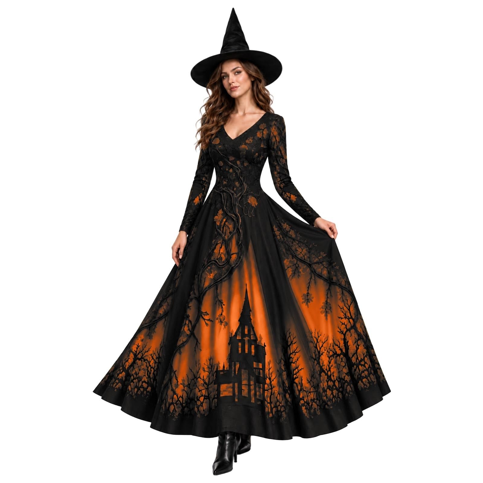 Medieval Costume Women Witch Dress Halloween Lace Vintage Round Neck Long Sleeve