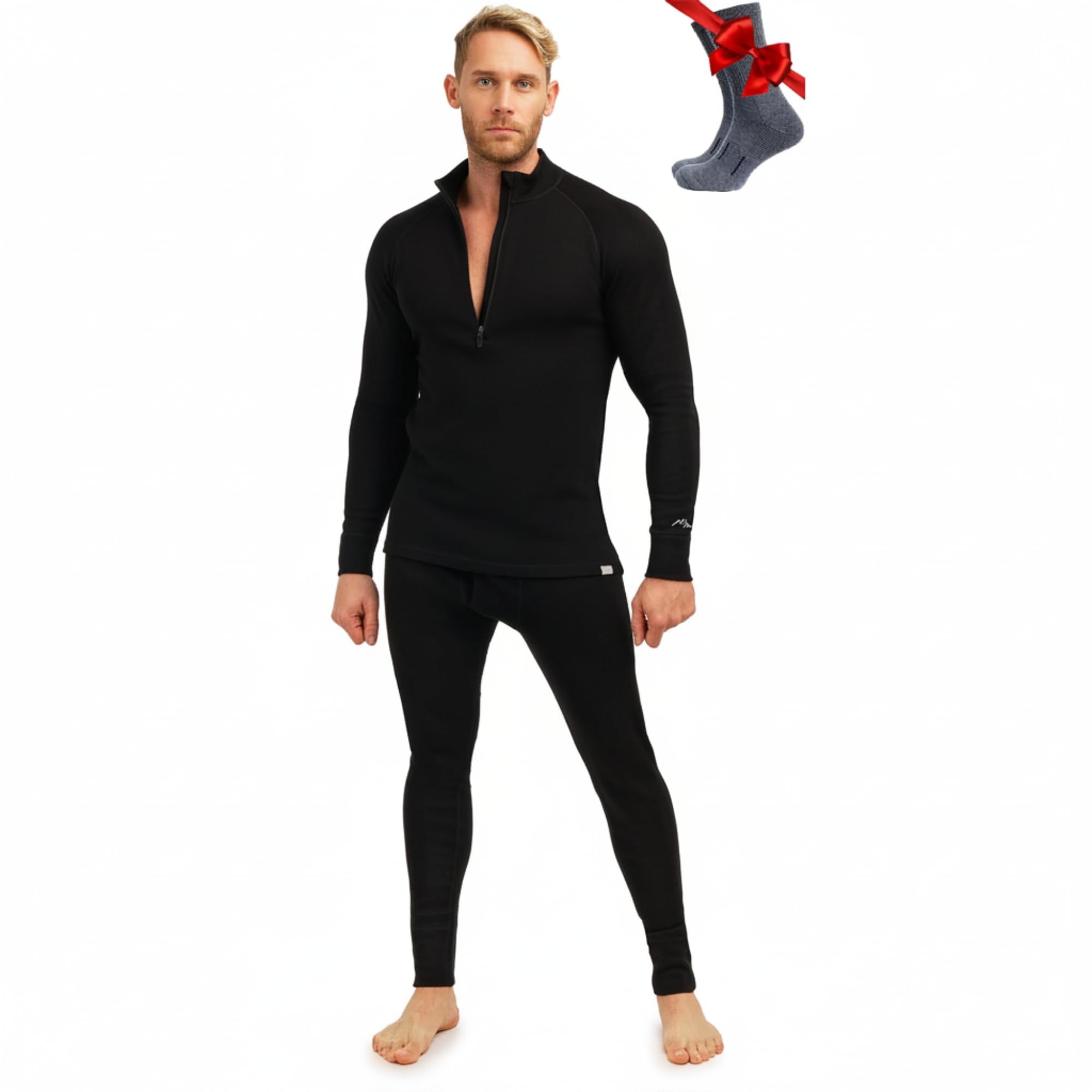 100% Merino Wool Base Layer Mens Set - Quarter Zip Thermal Underwear
