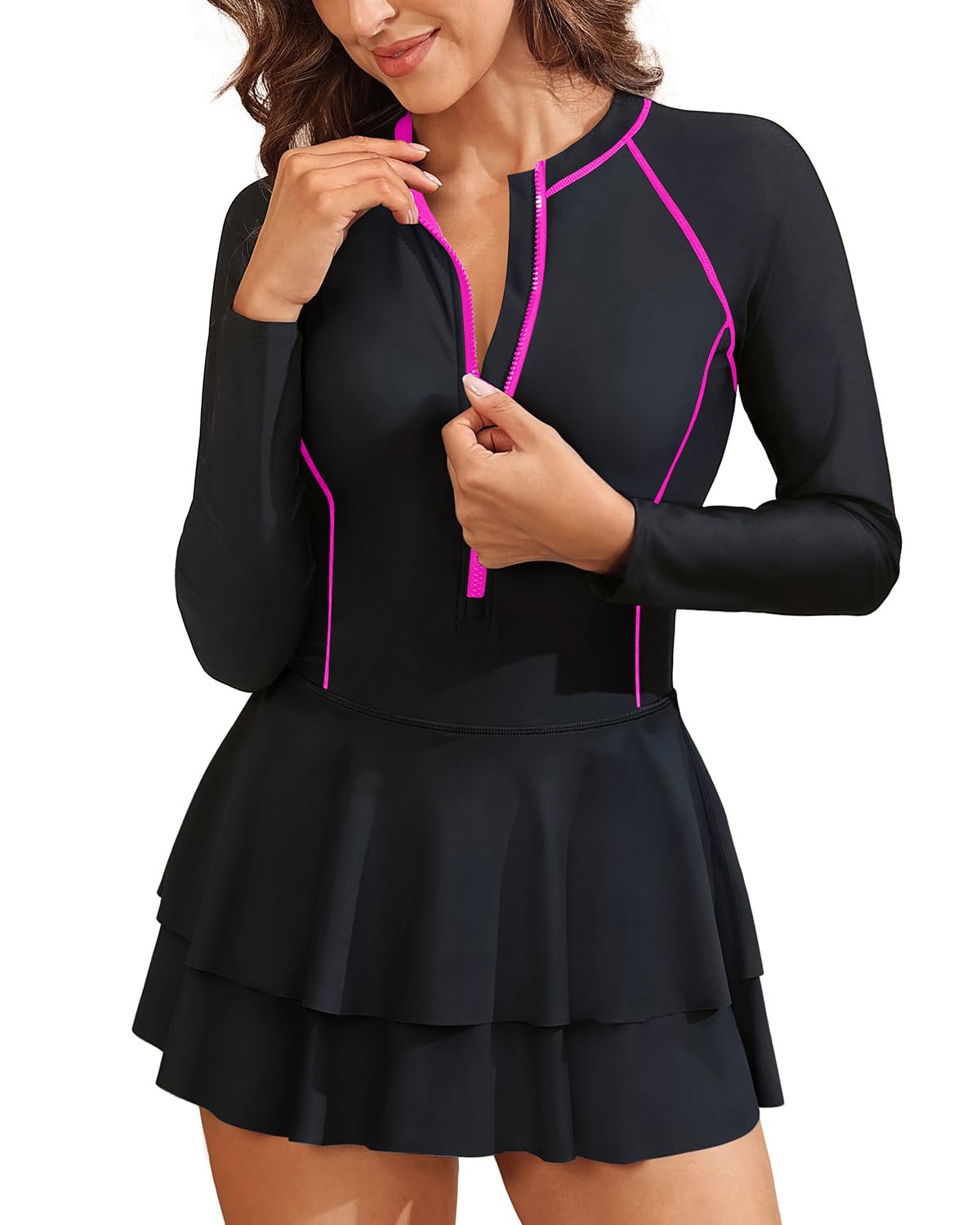 Daci レディース 長袖 ワンピース 水着 ラッシュガード ドレス ショート