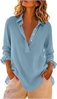 Hnodov Womens Long Sleeve Gauze Blouses Button Up Collared Henley Shirts | Half Button Lightweight Tops Spring Fall Casual Office Work Outfits