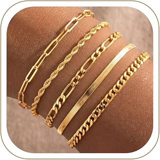 Dainty Gold Bracelets for Women Waterproof, Stackable 14K Gold Plated Waterproof Rope Cuban Snake Paperclip Figaro Link Chains, Non Tarnish Jewelry Set Gifts