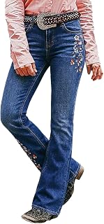 Flamingals Women's Floral Embroidery Mid Waist High Stretch Bootcut Jeans