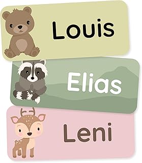 Klebekerlchen Name Stickers for Children (Pack of 60), Clothing & Items Name Badges Personalised and Machine Washable, School and Nursery - Forest Animals