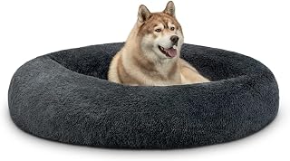 lionto Donut bed for dogs and cats, fluffy round dog bed for small and large pets, Ø 120 cm, soft cat bed made of cuddly plush, dog cushion with extra thick filling, dark grey