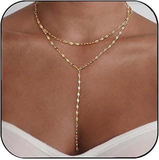 Gold Necklace for Women, Dainty Long Necklace 14k Gold Plated Lariat Long Necklaces for Women Trendy Simple Statement Drop Necklace Fashion Body Chain Prom Jewelry Gold Accessories