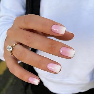French Tips Acrylic False Nail Kit Pushing Nails Ombre Pink Nail Polish Square Stick Nails for Women 24pcs/set