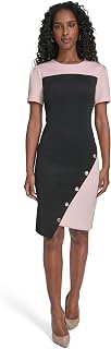 Tommy Hilfiger Women's Short Sleeve Jewel Neck Colorblock Studded Asymmetrical Hem Crepe Mini Dress