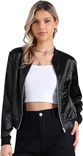 Allegra K Women's Bomber Jacket Satin Long Sleeve Floral Coat with Pocket