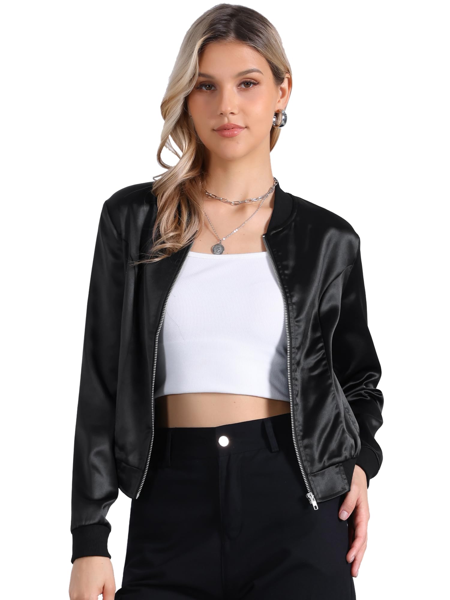 Allegra K Women's Bomber Jacket Satin Long Sleeve Floral Coat with Pocket