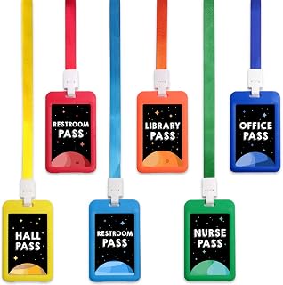 Fun-Plus Hall Pass Lanyards Unbreakable Plastic School Passes Set for Teachers and Classroom Supplies Including Hall Passes of Nurse, Restroom, Library, Office(6 Pack)